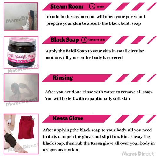 Black Soap Rose Beldi Natural Moroccan Hammam Spa Kessa Mitt Exfoliation Glove