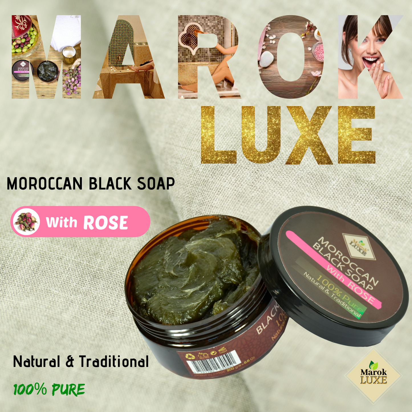 Moroccan Black Beldi Soap Rose Oil Hammam Spa Skin Exfoliating Savon Noir 200g