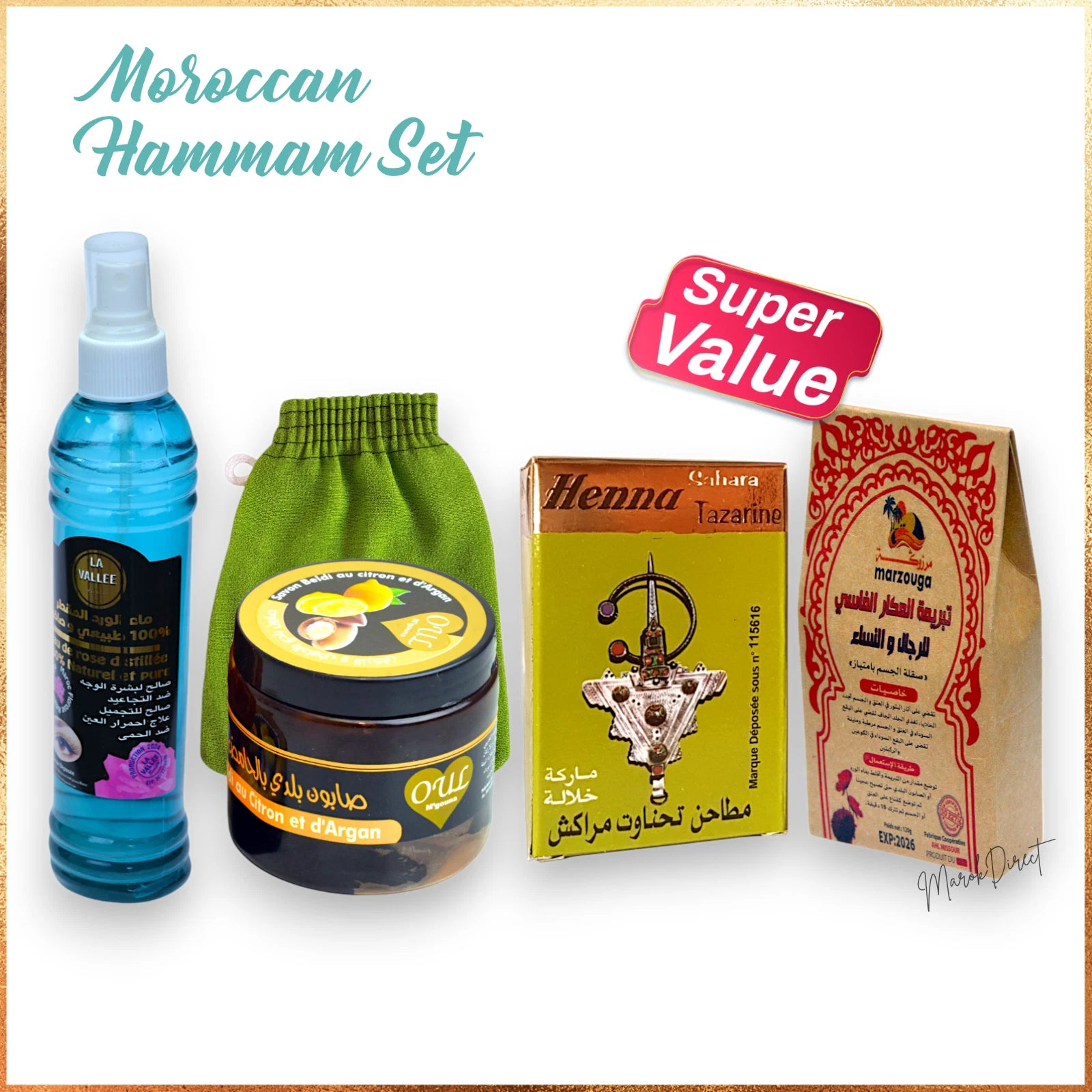 Moroccan Argan Oil Beldi Soap Kessa Glove Henna Powder Rose water Hammam Spa Set