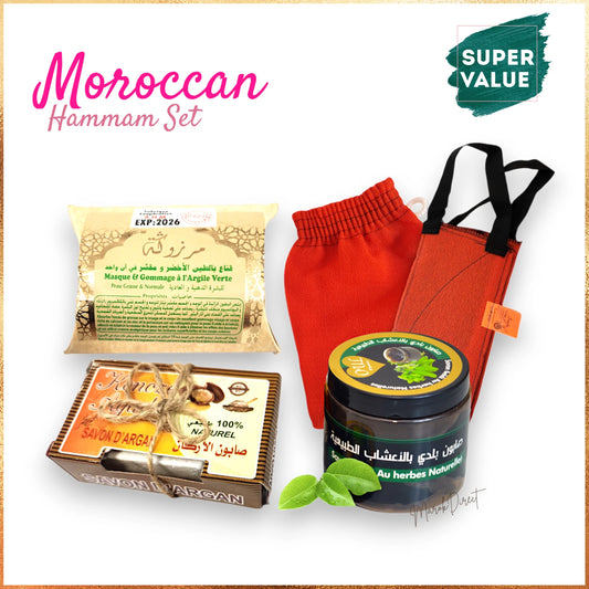 Natural Moroccan Black Soap Exfoliating Kessa Glove Face Clay Mask Hammam Set