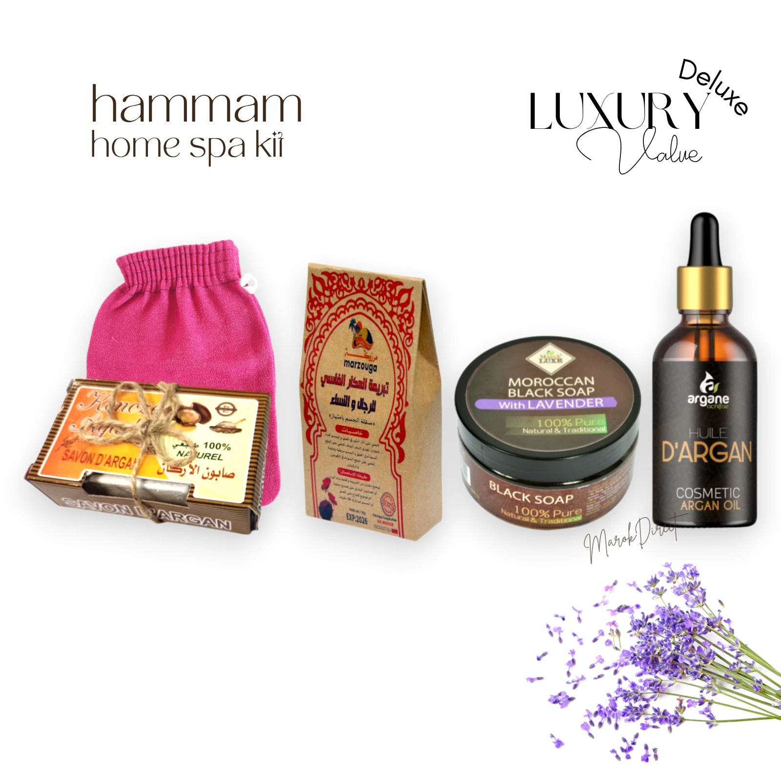 Luxury Black Soap Set Argan Oil Lavender Face Hammam Glove Exfoliating Body Spa