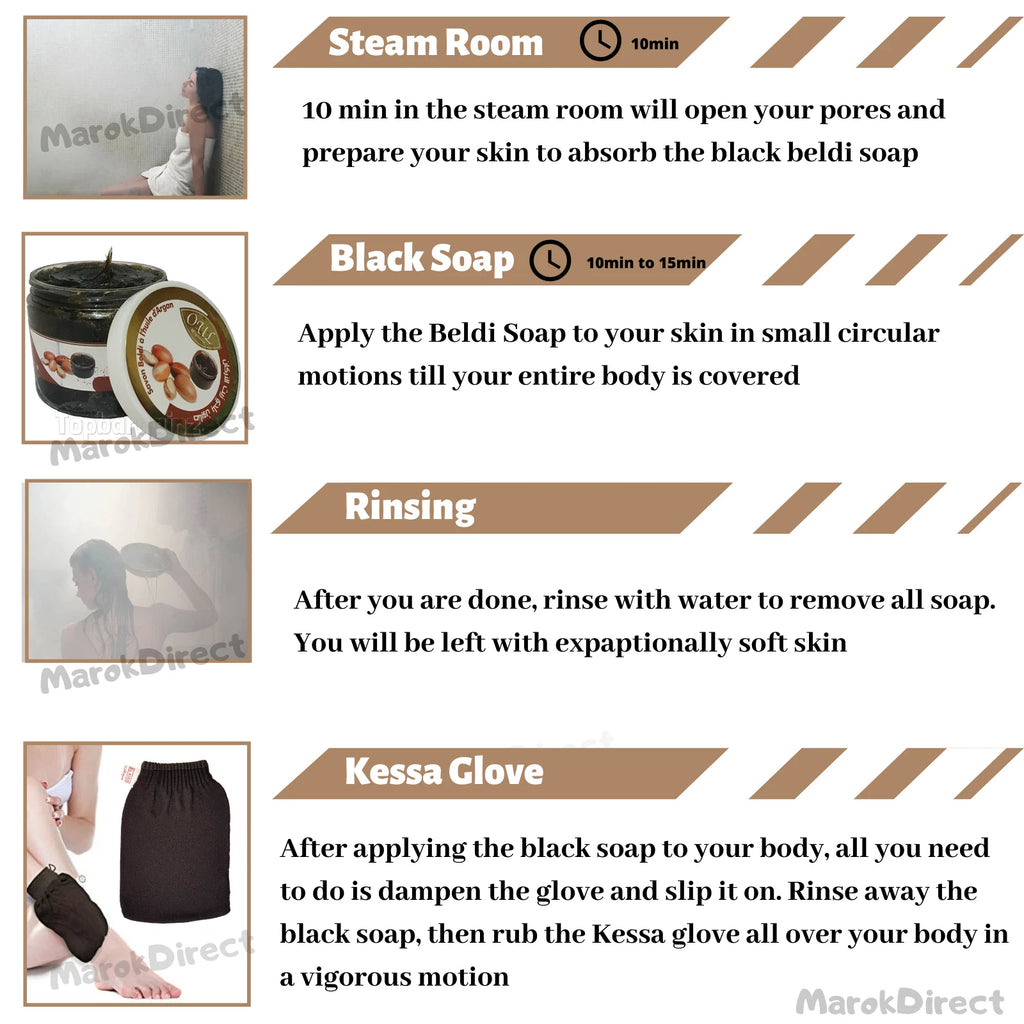 Argan Oil Black Beldi Soap Moroccan Exfoliating Kessa Glove Hammam Body Scrub