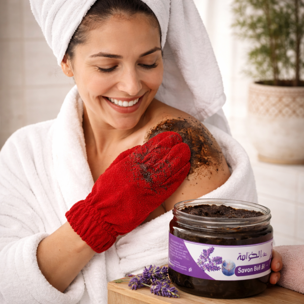 Moroccan Black Beldi Soap Lavender Exfoliating Kessa Glove Hammam Spa Savon Noir