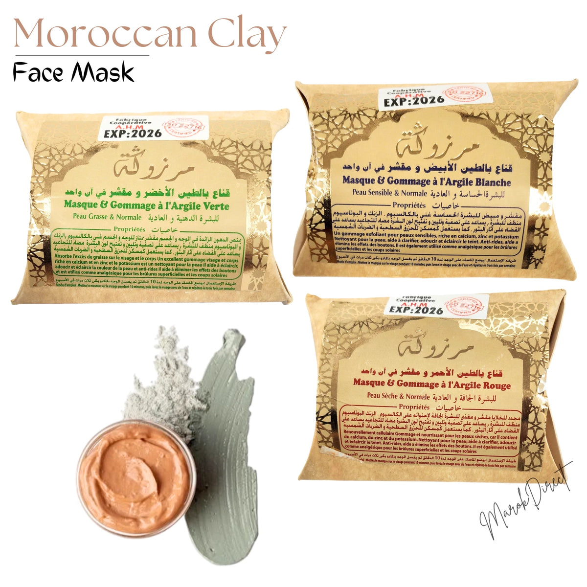 Face Clay Mask Green Facial Moroccan Natural Red Ghassoul White Kaolin Skin Hair