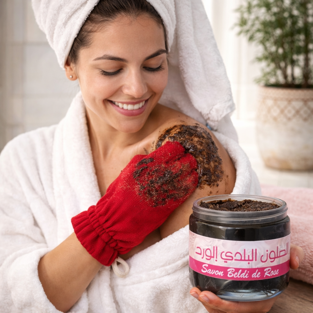 Black Soap Rose Beldi Natural Moroccan Hammam Spa Kessa Mitt Exfoliation Glove