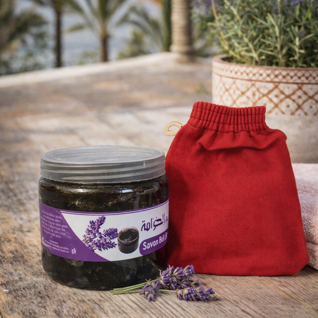 Moroccan Black Beldi Soap Lavender Exfoliating Kessa Glove Hammam Spa Savon Noir
