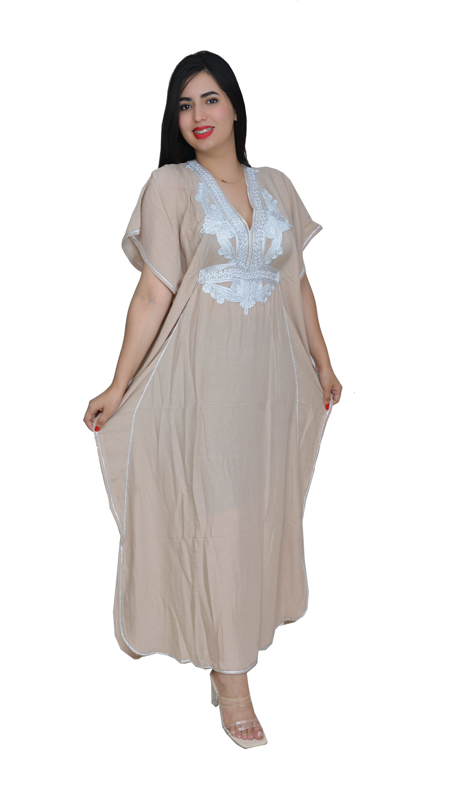 Moroccan Kaftan Summer Casual Womens Maxi Dress Embroidered Caftan Batwing Arabian Abaya - One Size Fits All