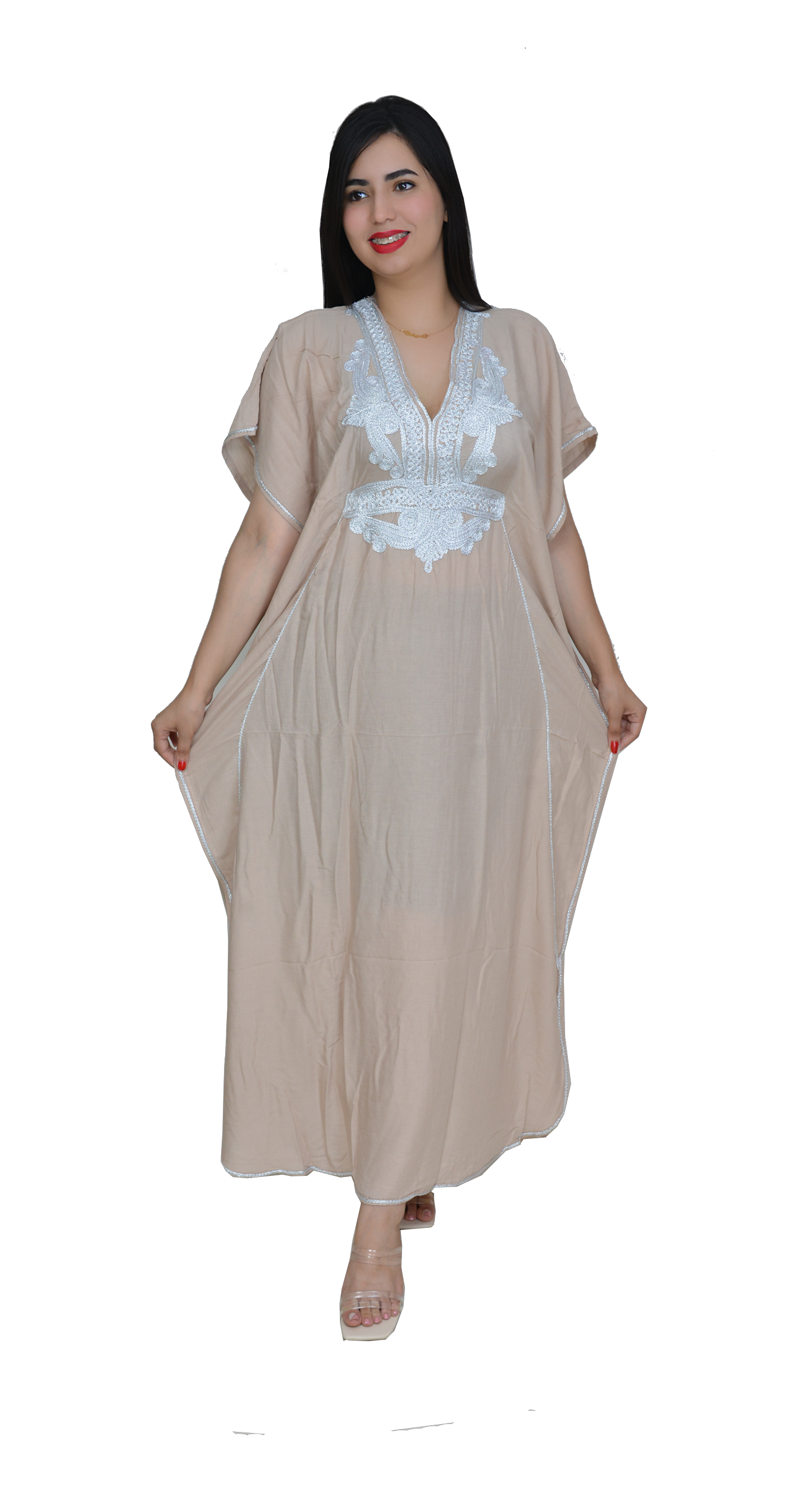 Moroccan Kaftan Summer Casual Womens Maxi Dress Embroidered Caftan Batwing Arabian Abaya - One Size Fits All