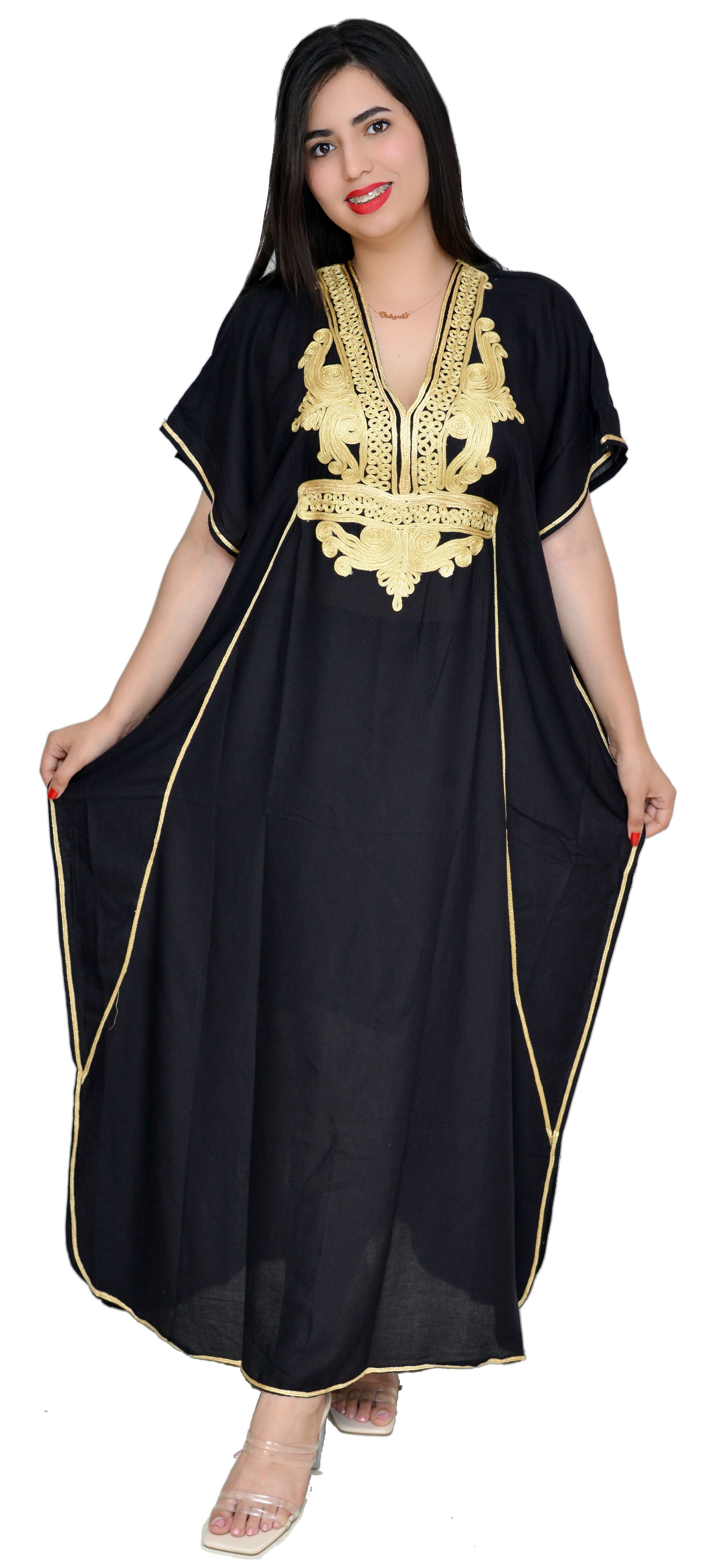 Moroccan Kaftan Summer Casual Womens Maxi Dress Embroidered Caftan Batwing Arabian Abaya - One Size Fits All