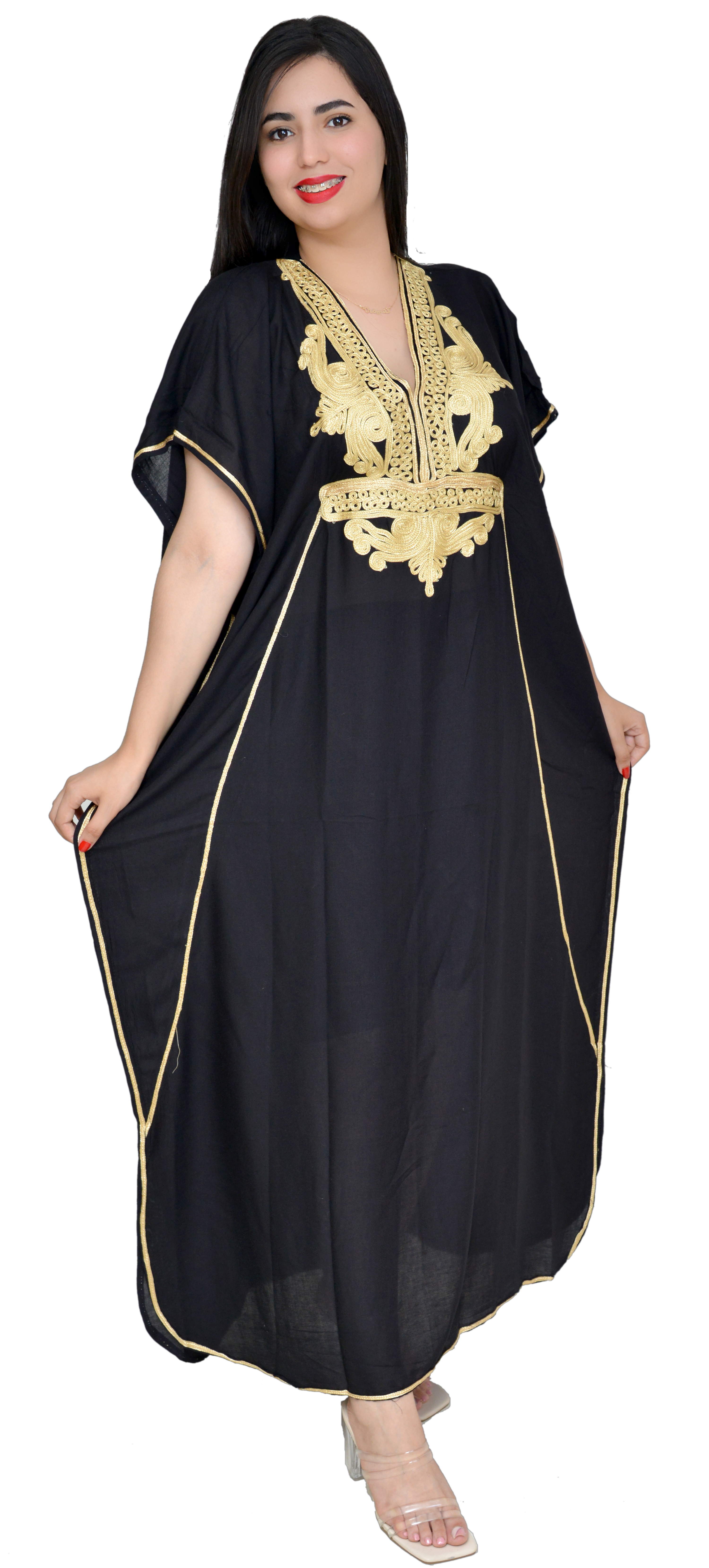 Moroccan Kaftan Summer Casual Womens Maxi Dress Embroidered Caftan Batwing Arabian Abaya - One Size Fits All