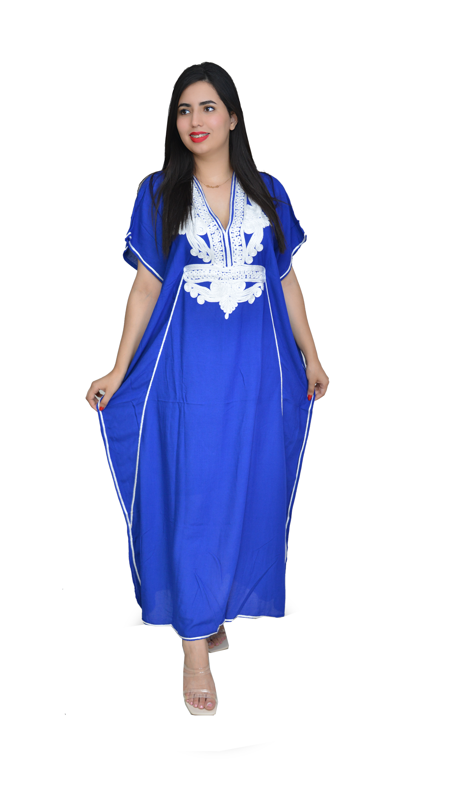 Moroccan Kaftan Summer Casual Womens Maxi Dress Embroidered Caftan Batwing Arabian Abaya - One Size Fits All