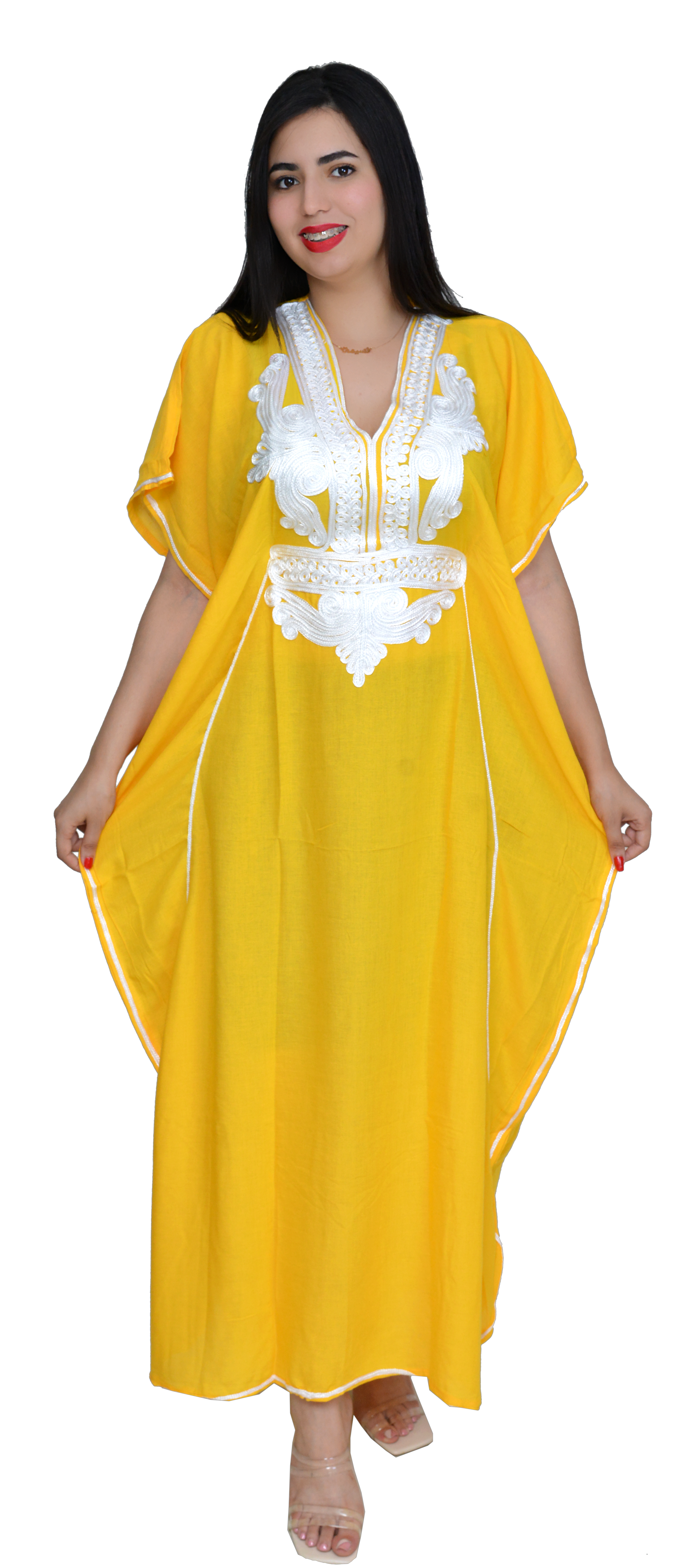 Moroccan Kaftan Summer Casual Womens Maxi Dress Embroidered Caftan Batwing Arabian Abaya - One Size Fits All