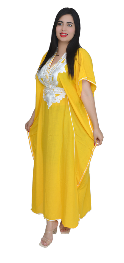 Moroccan Kaftan Summer Casual Womens Maxi Dress Embroidered Caftan Batwing Arabian Abaya - One Size Fits All