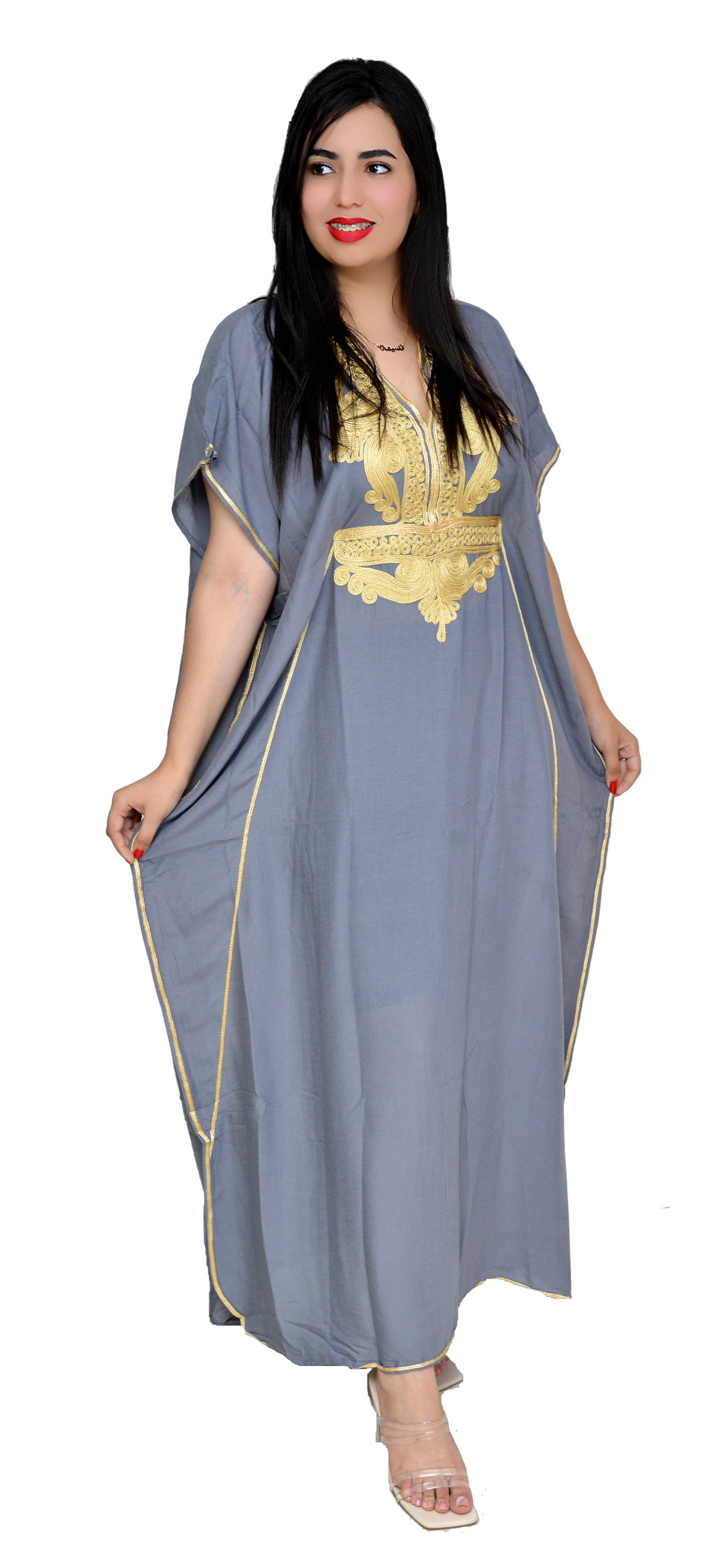 Moroccan Kaftan Summer Casual Womens Maxi Dress Embroidered Caftan Batwing Arabian Abaya - One Size Fits All