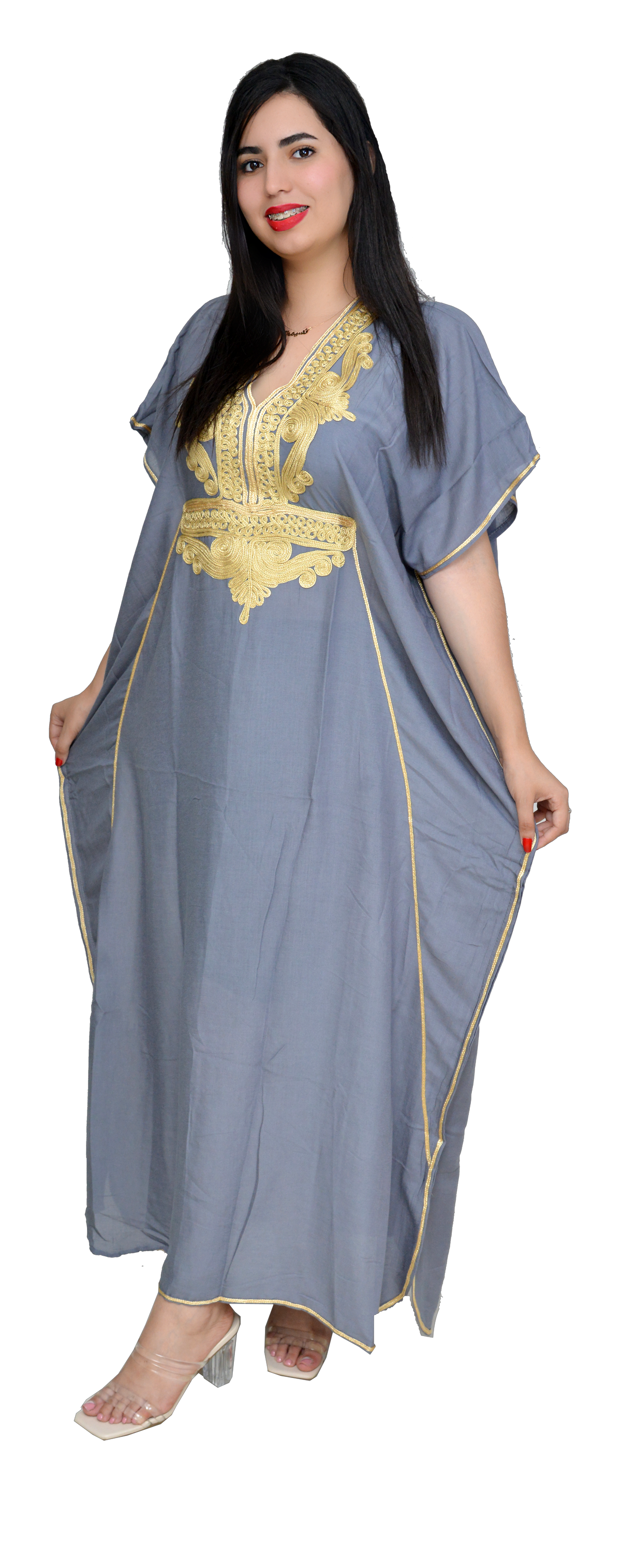 Moroccan Kaftan Summer Casual Womens Maxi Dress Embroidered Caftan Batwing Arabian Abaya - One Size Fits All