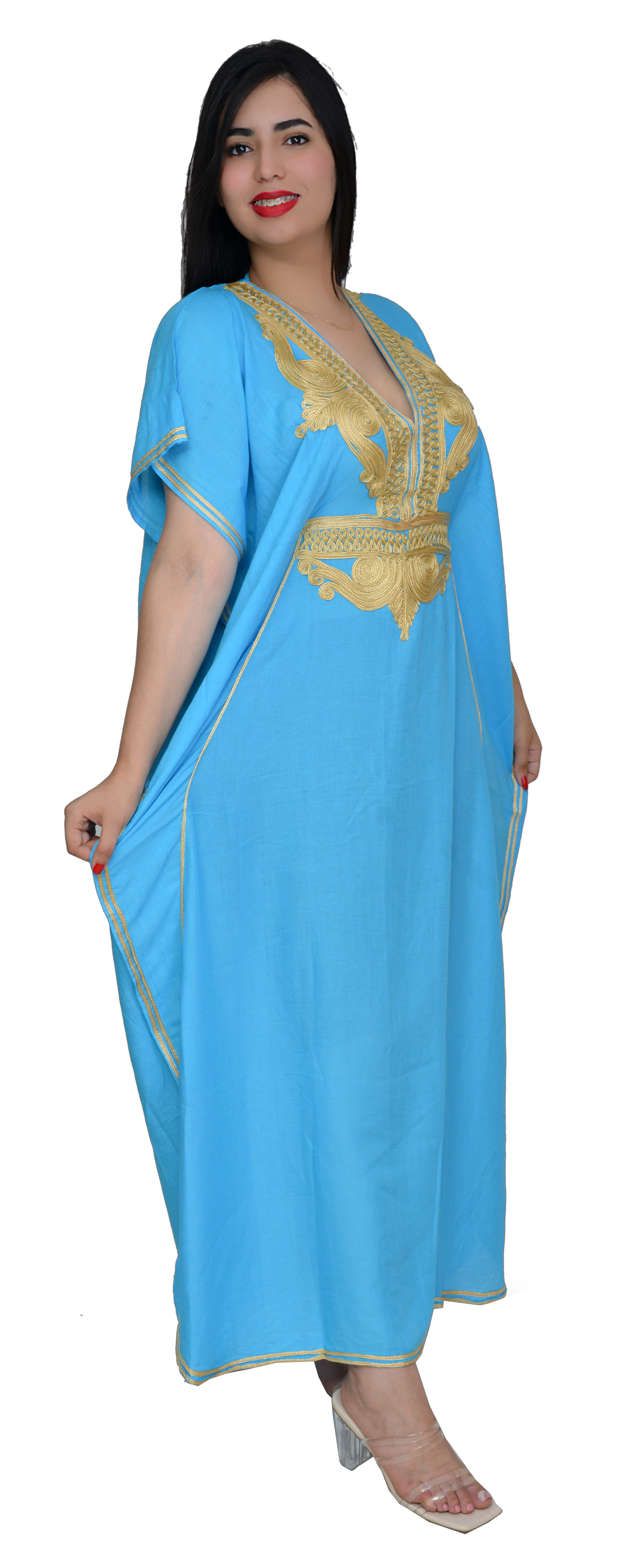 Moroccan Kaftan Summer Casual Womens Maxi Dress Embroidered Caftan Batwing Arabian Abaya - One Size Fits All