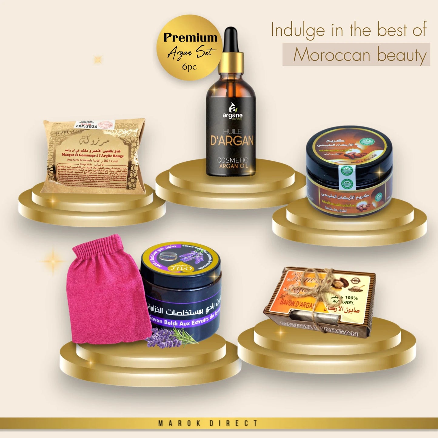 Premium Moroccan Argan Oil Hammam Set with Beldi Soap Kessa Face Cream Clay Mask