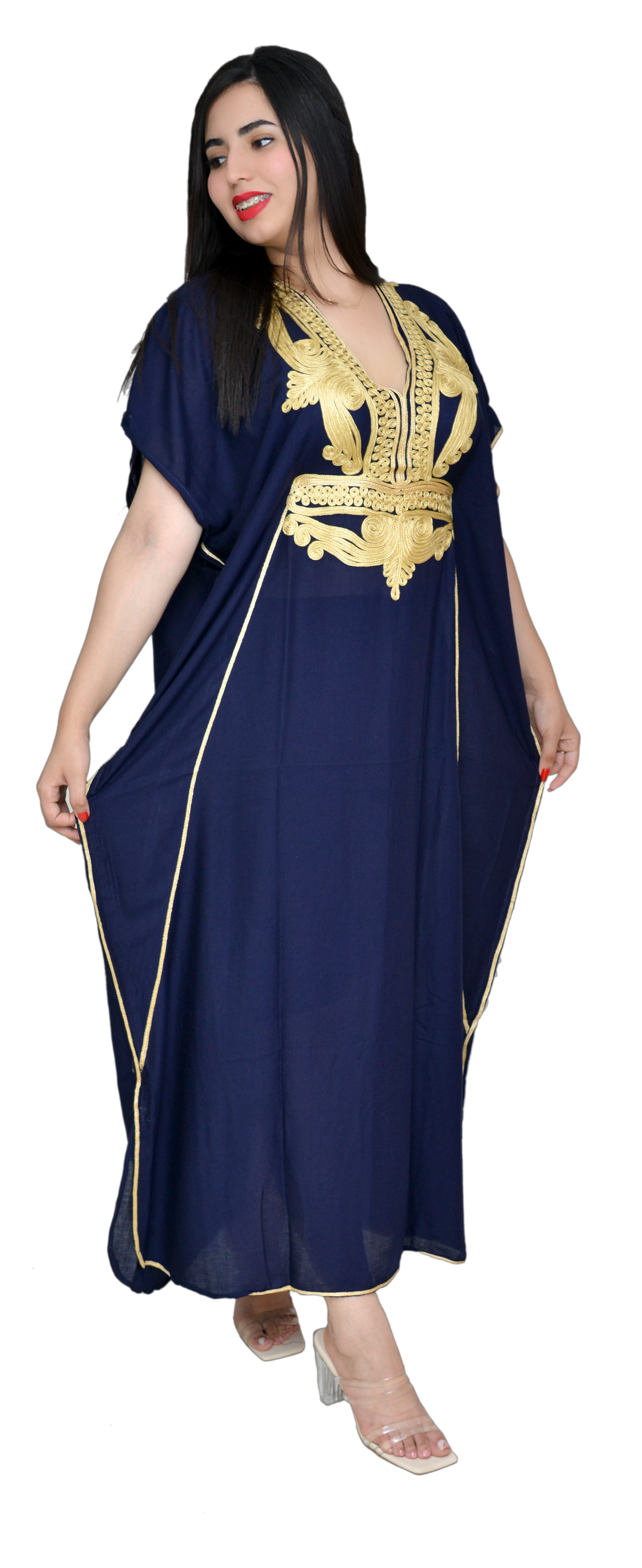Moroccan Kaftan Summer Casual Womens Maxi Dress Embroidered Caftan Batwing Arabian Abaya - One Size Fits All