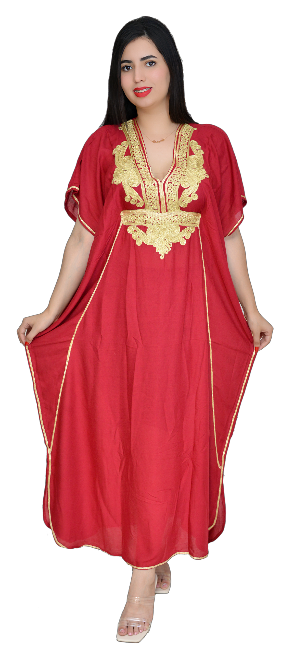 Moroccan Kaftan Summer Casual Womens Maxi Dress Embroidered Caftan Batwing Arabian Abaya - One Size Fits All