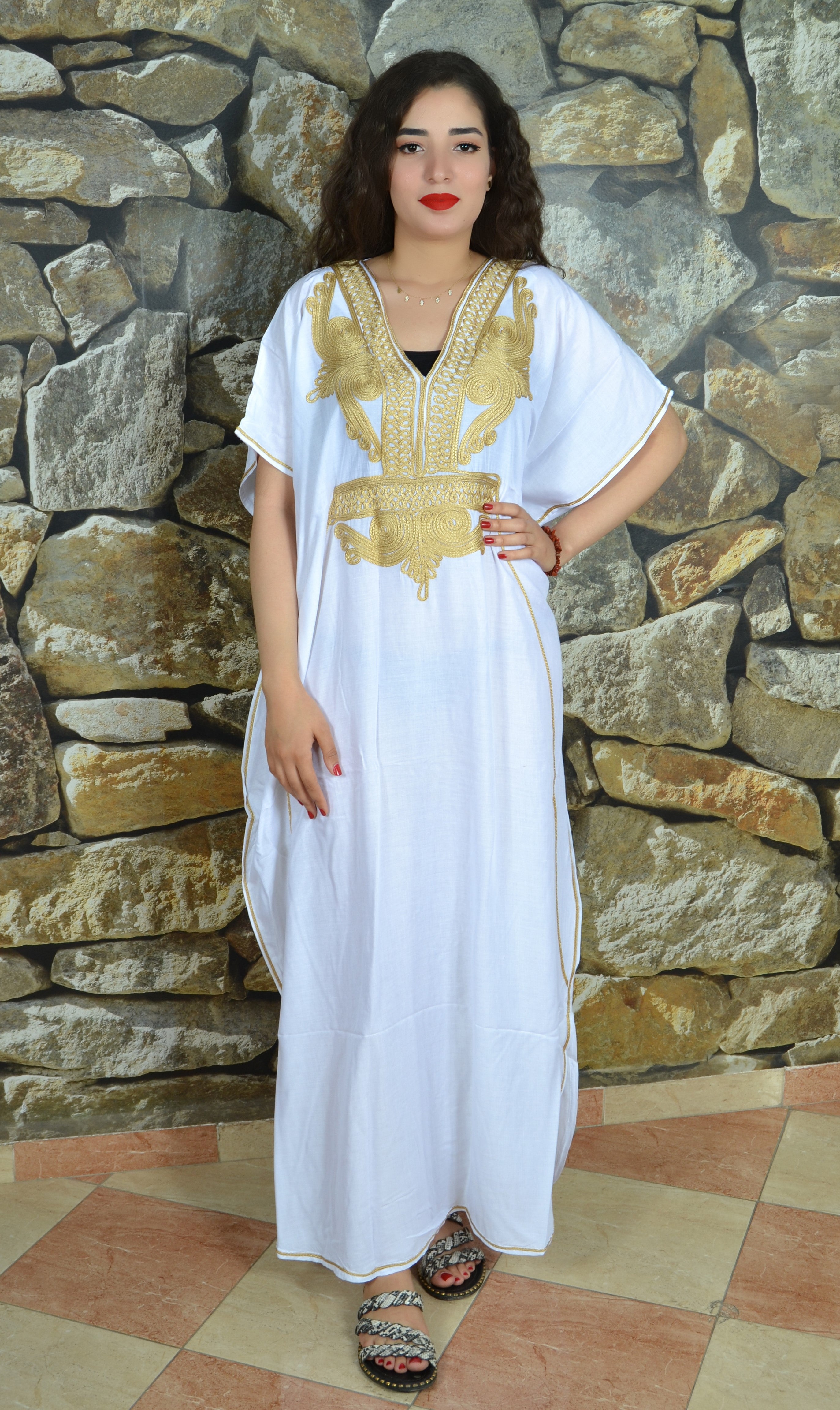 Moroccan Kaftan Summer Casual Womens Maxi Dress Embroidered Caftan Batwing Arabian Abaya - One Size Fits All