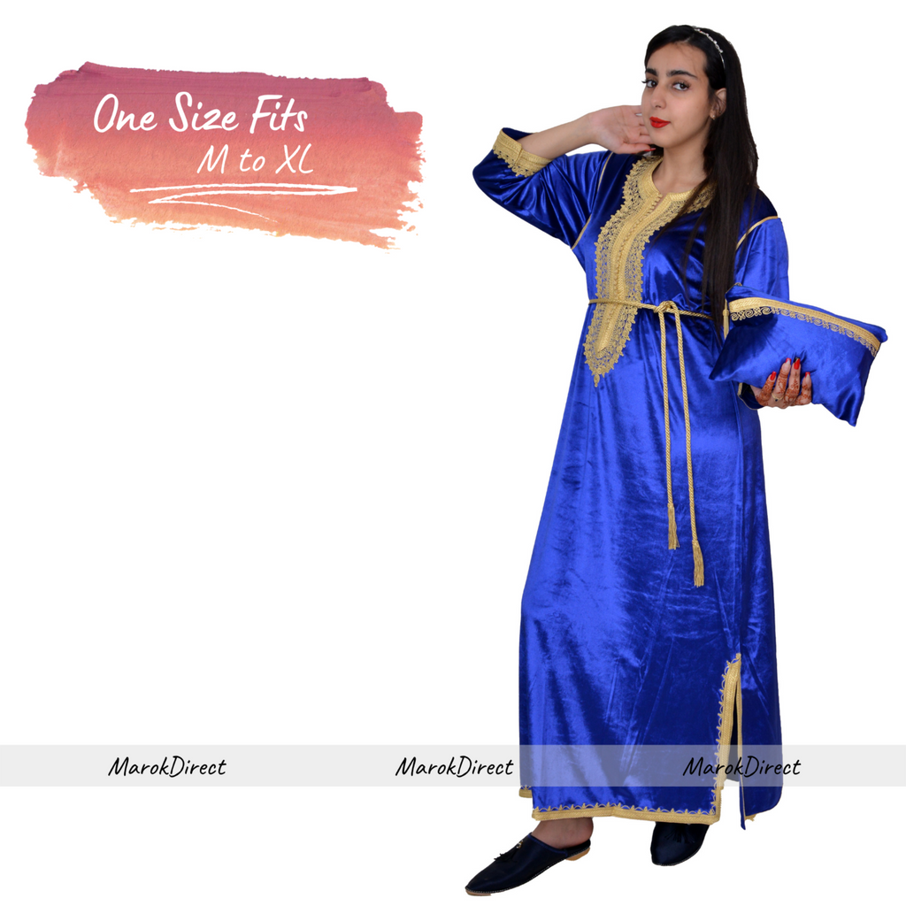 One-size Moroccan kaftan with handmade gold accents, suits M/L/XL sizes.