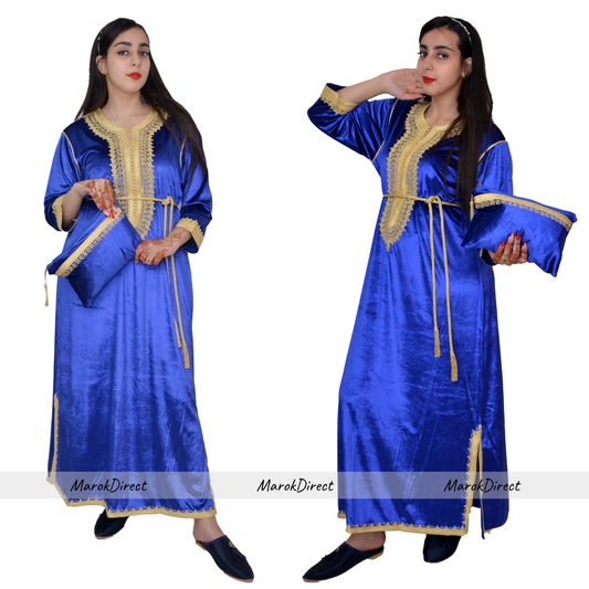 Royal blue velvet Moroccan kaftan with gold embroidery for women, full-length dress.