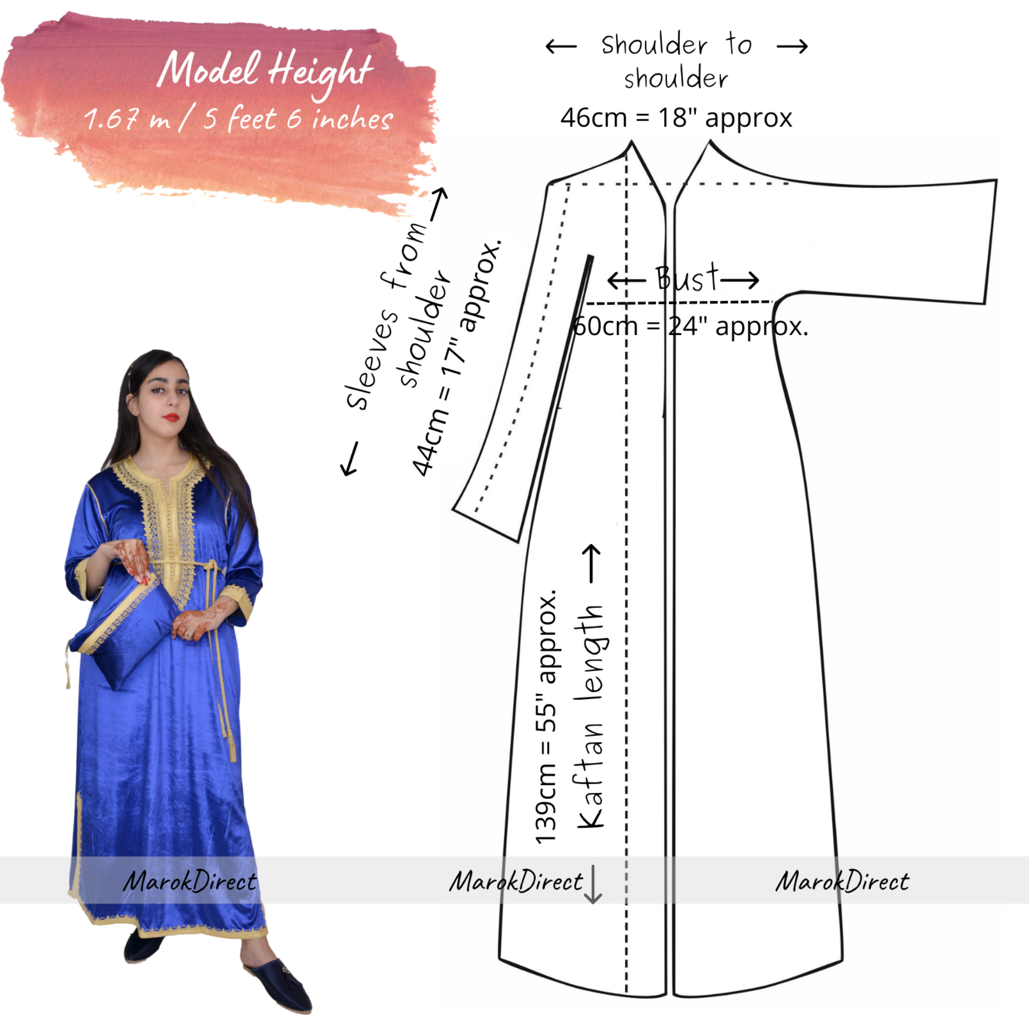 One-size Moroccan kaftan with handmade gold accents, suits M/L/XL sizes.