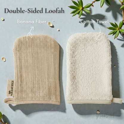 Double-sided loofah with banana fiber and cotton towel on a light blue background with green leaves.
