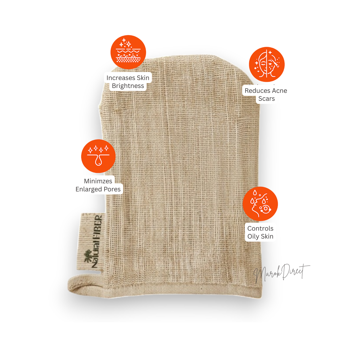 Brown exfoliating glove with icons and text on a white background