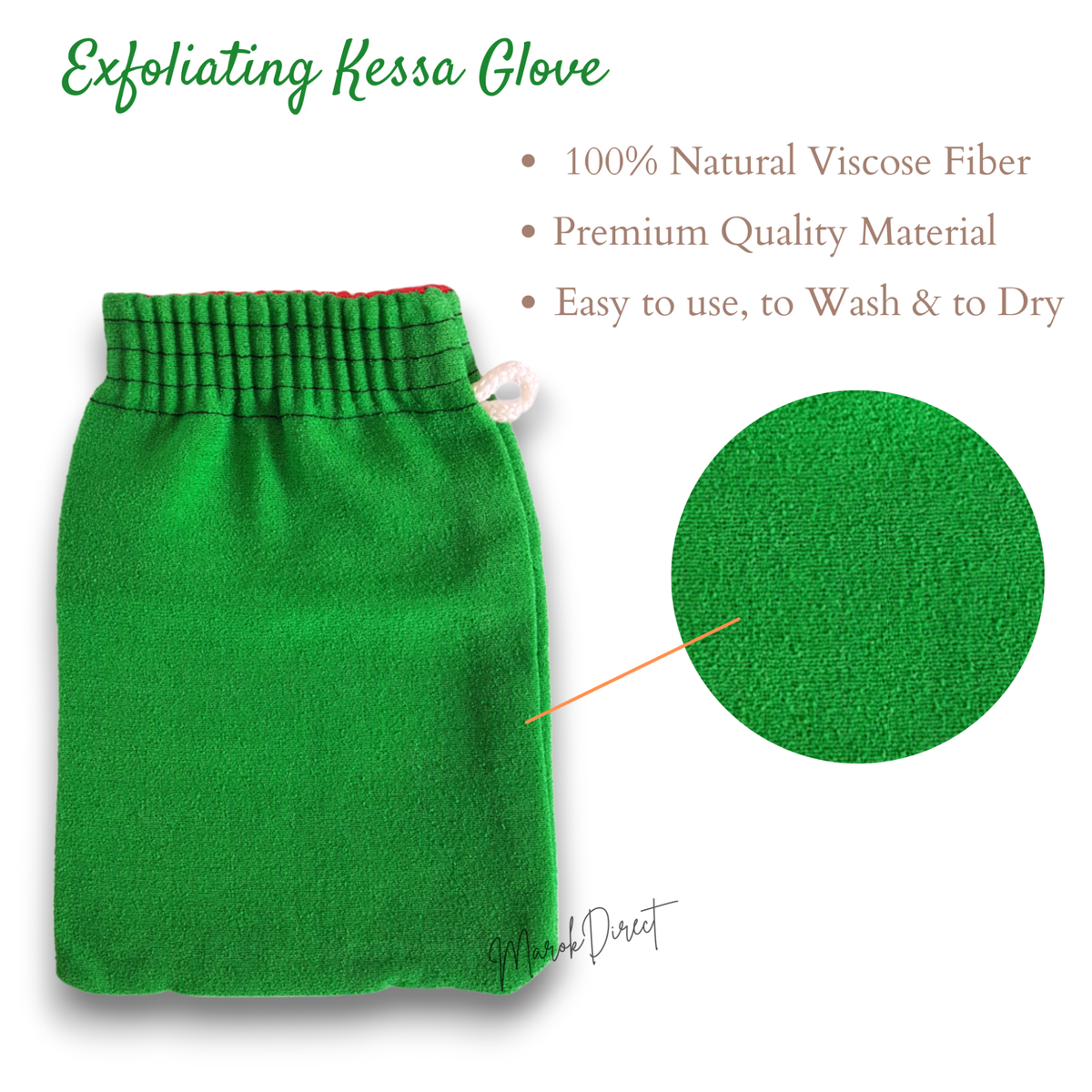 Green exfoliating glove with text highlighting features on a white background
