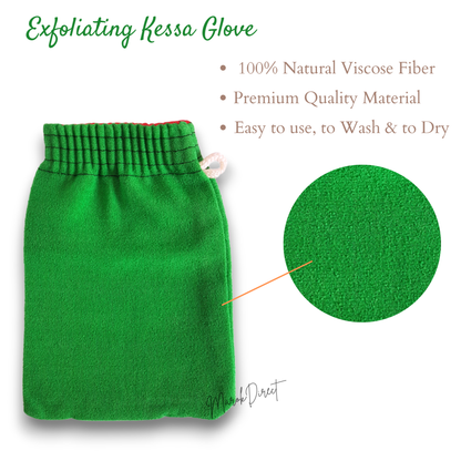 Green exfoliating glove with text highlighting features on a white background
