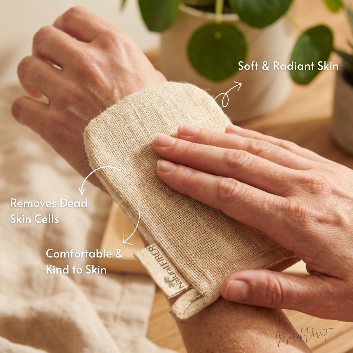 Person using a natural exfoliating glove on their arm with text highlighting benefits.