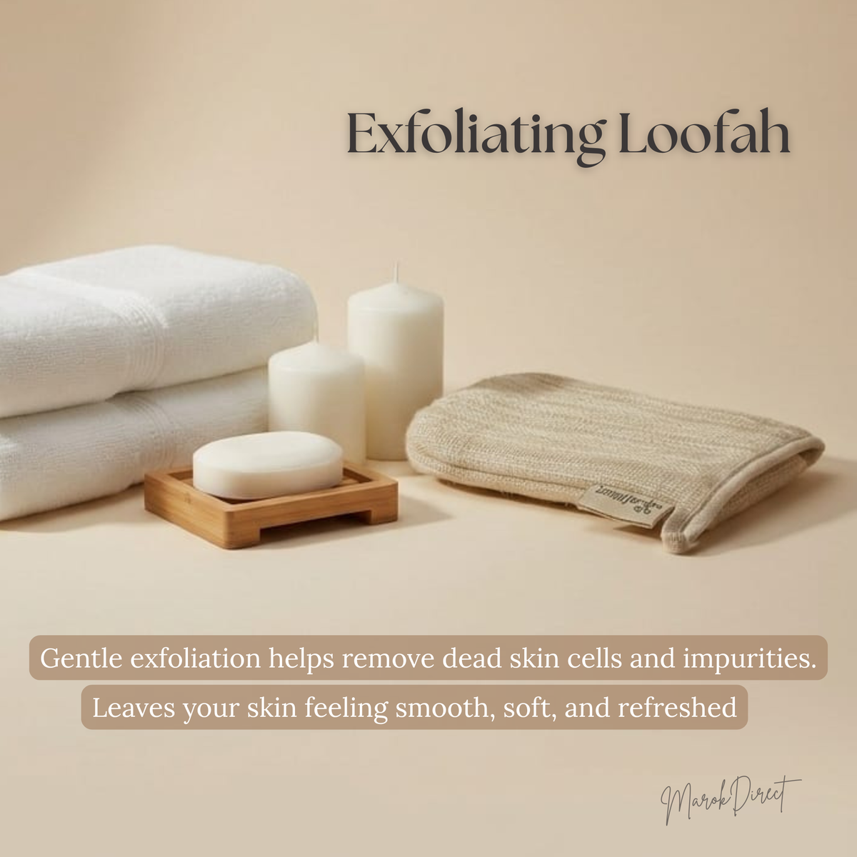Exfoliating loofah with candles, soap, and towels on a beige background
