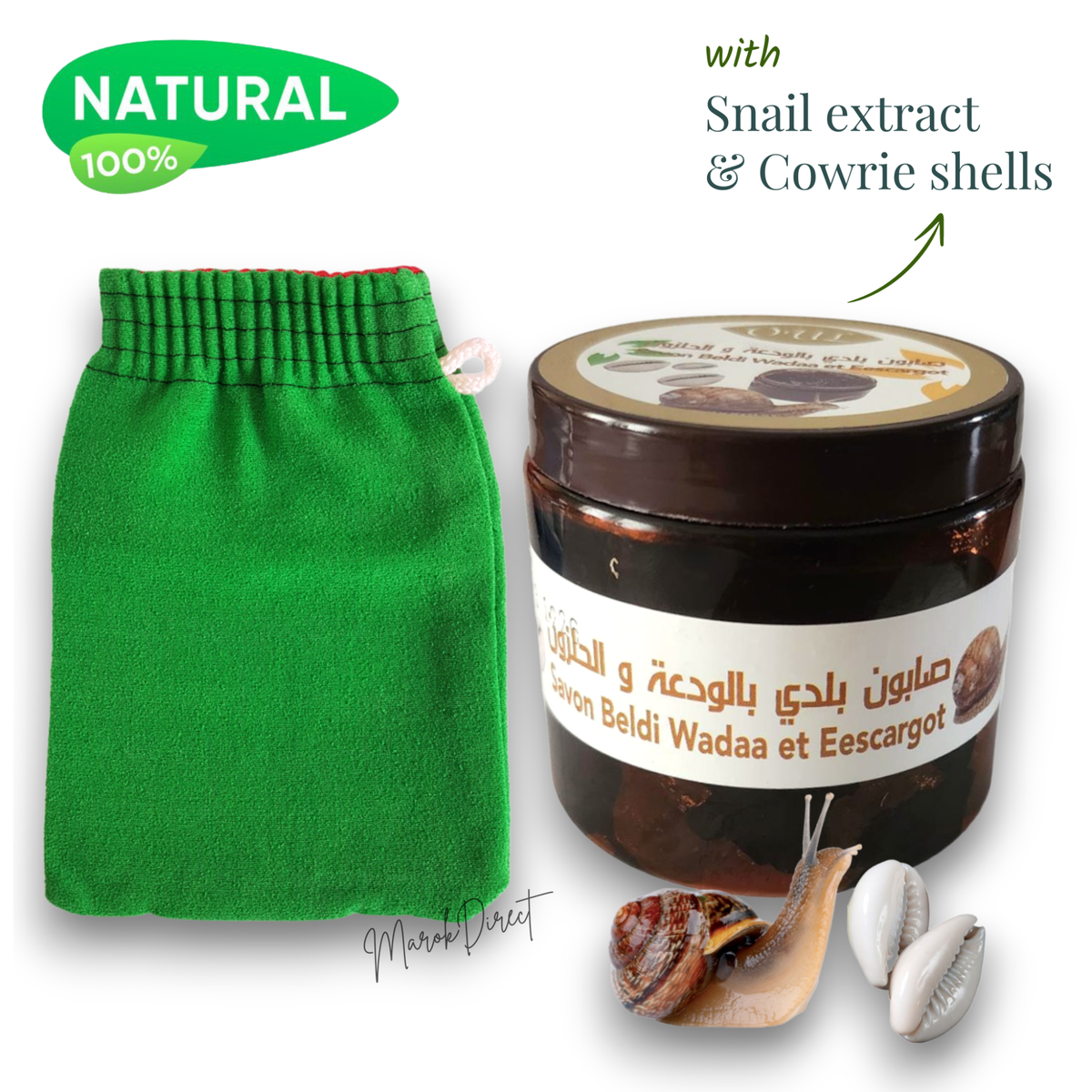 Green exfoliating glove and jar with snail extract and cowrie shells on a white background