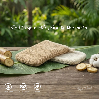 Natural skincare products on a leaf with 'Kind to your skin, kind to the earth' text and eco-friendly icons.
