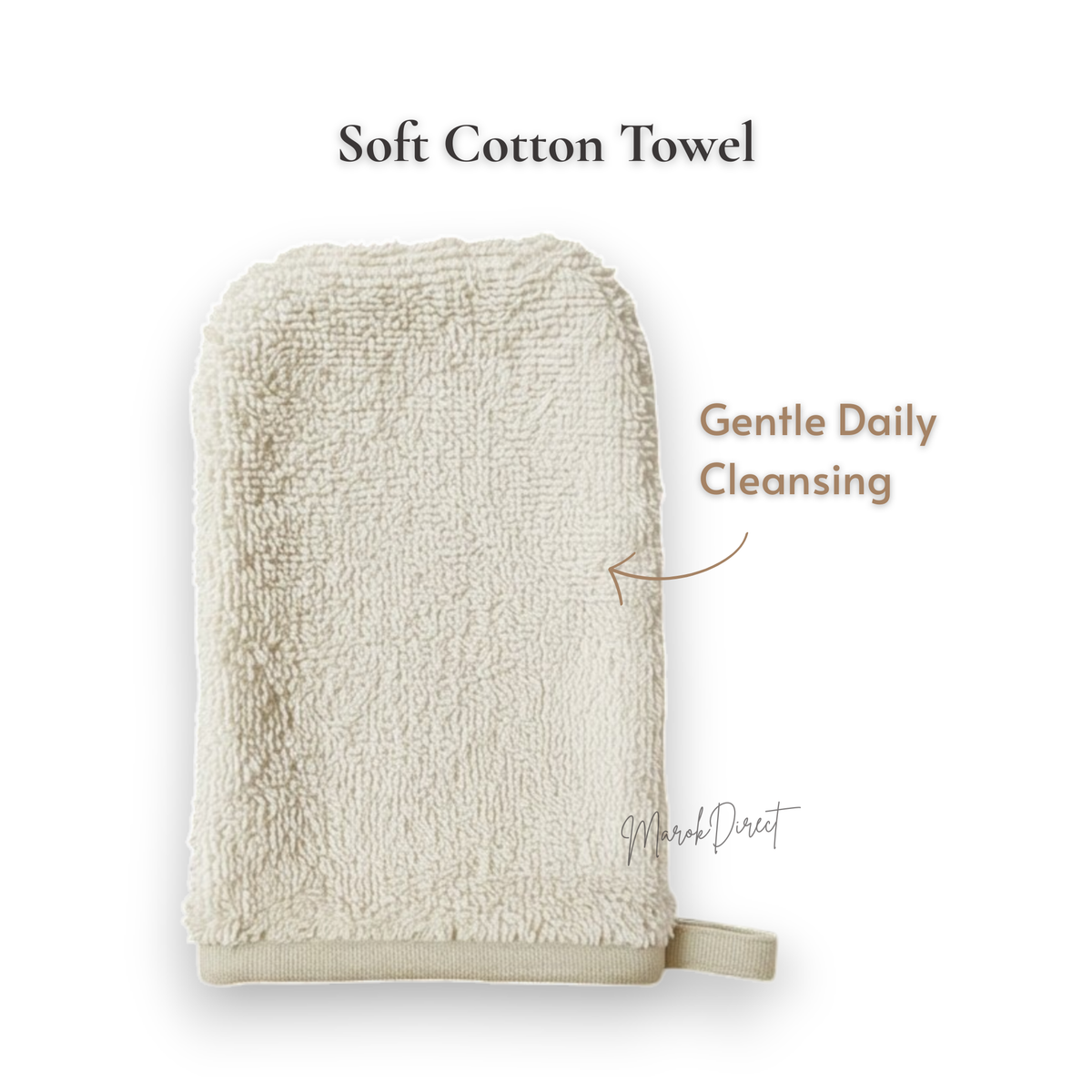 Beige soft cotton towel on a white background with text indicating its use for gentle daily cleansing.