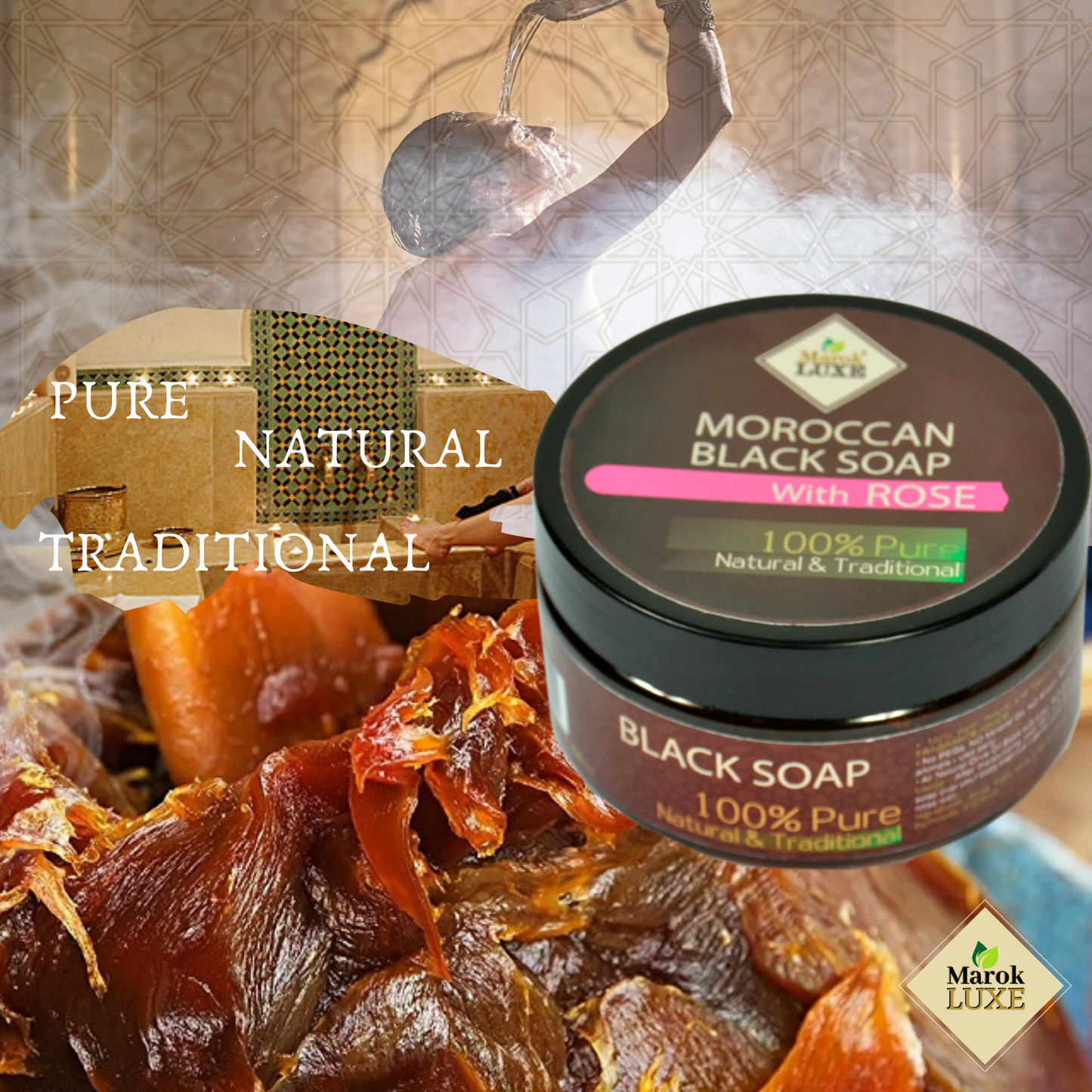 Moroccan Black Beldi Soap Rose Oil Hammam Spa Skin Exfoliating Savon Noir 200g