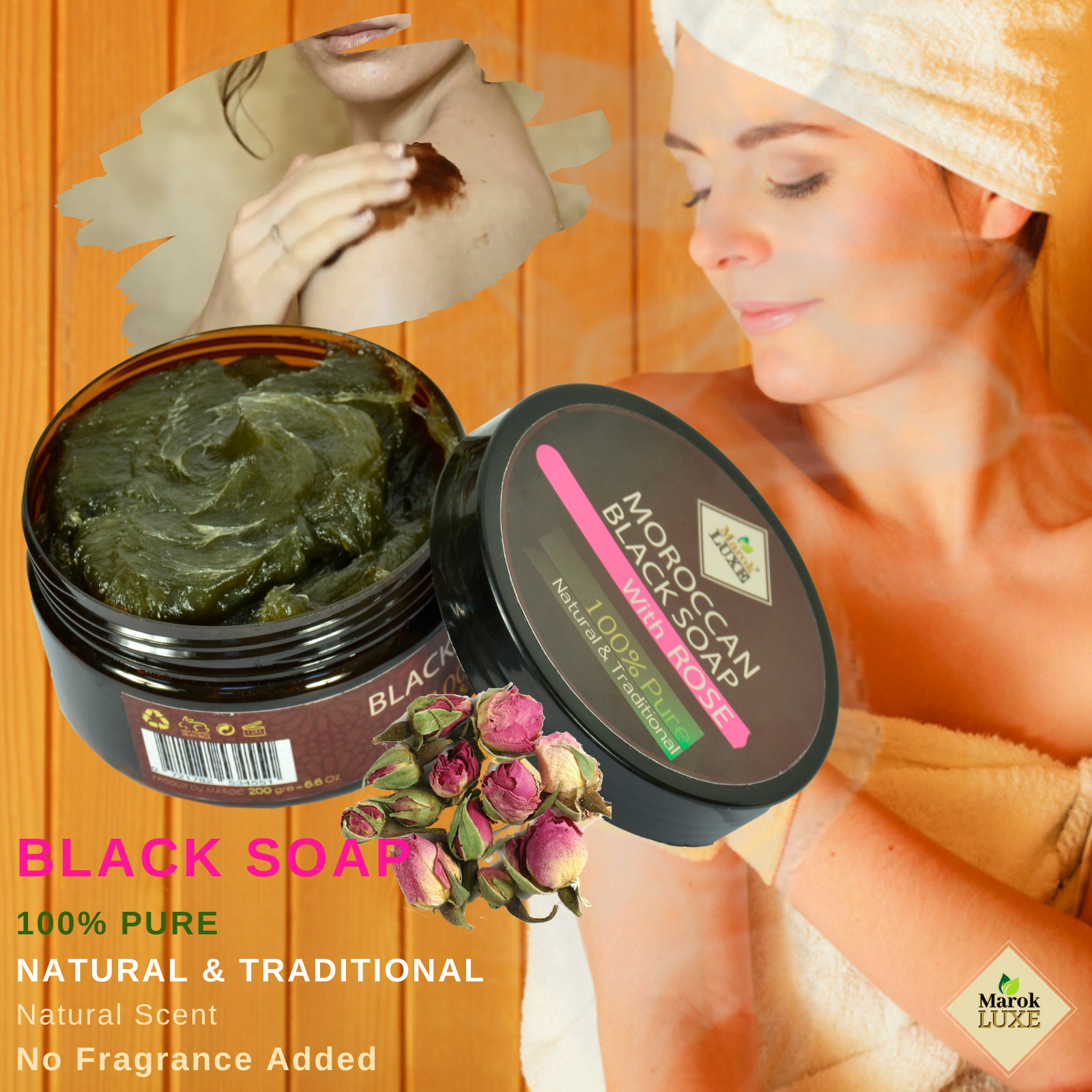 Moroccan Black Beldi Soap Rose Oil Hammam Spa Skin Exfoliating Savon Noir 200g